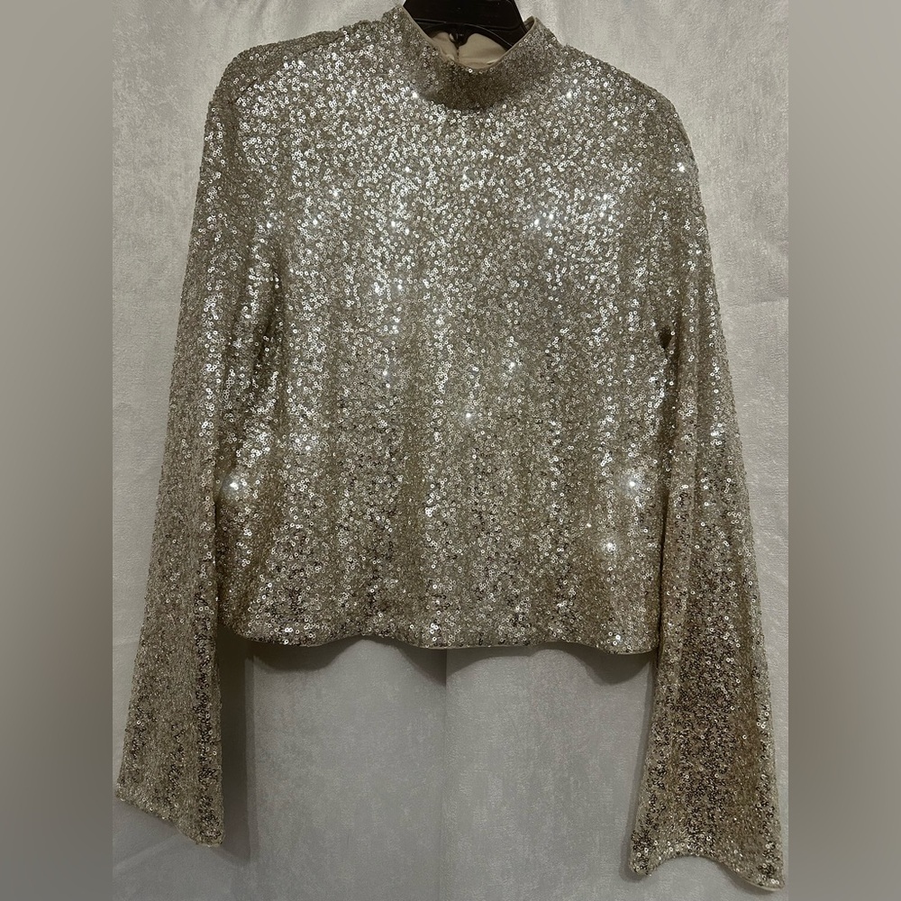 Sparkling Silver Sequin High Neck Top